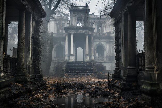 写真 霧と暗に包まれた 朽ち果てた邸宅