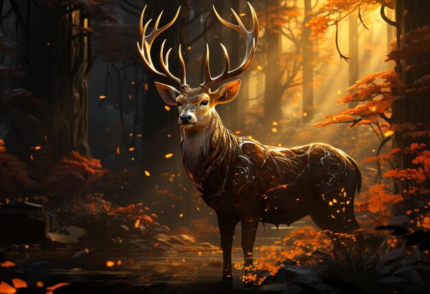 写真 現実的で幻想的な要素を組み合わせたスタイルで、森の中で光る角を持つ鹿