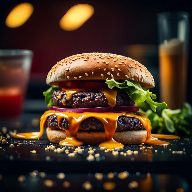 写真 美味しいグリルチーズと野菜のハンバーガー