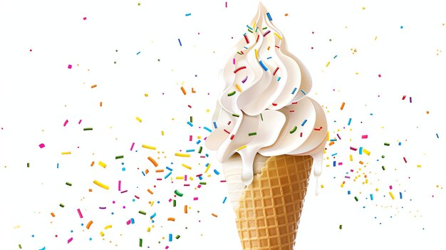 Foto a delicious soft serve ice cream cone with a white background the ice cream is topped with a generous amount of colorful sprinkles