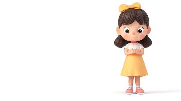 Фото Прекрасный персонаж мультфильма с симпатичной девочкой с яркой личностью, представленной на чистом белом фоне.