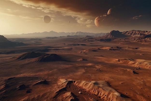 Фото Пустынный пейзаж с планетой в центре и луной на вершине
