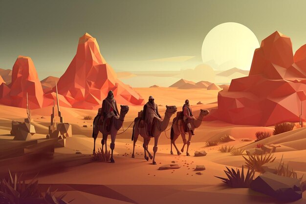 Фото Пустынный пейзаж с верблюдами и горами на заднем плане.