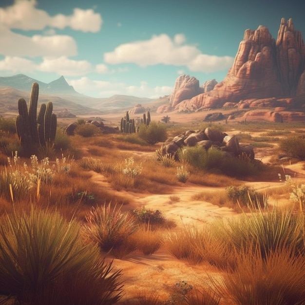 Фото Пустынная сцена с пустынной сценой и кактусом.