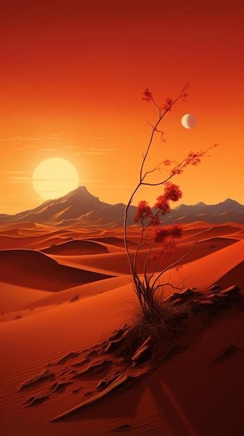 Фото Сцена в пустыне с одиноким деревом на переднем плане
