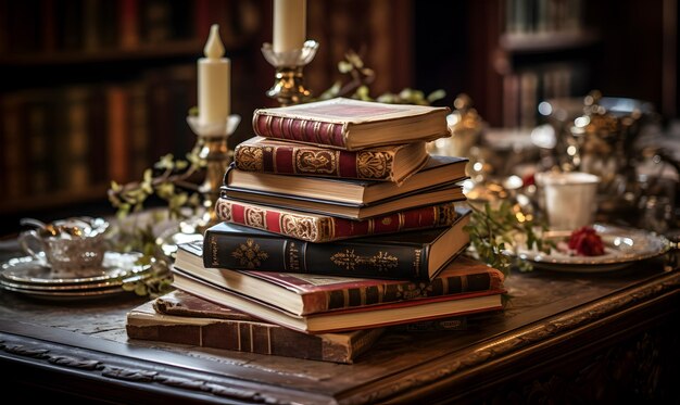 Фото a_desk_with_books_stacked_together (стол с книгами)