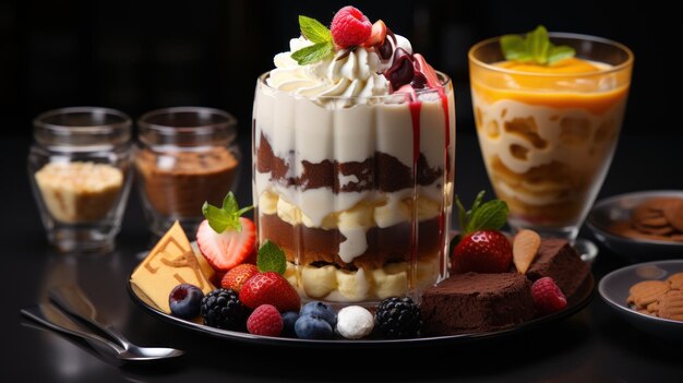 写真 フルーツチョコレートとシュークリームを皿の上に置いたデザート
