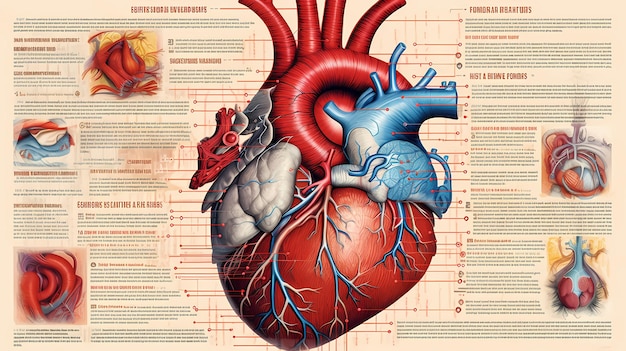 Фото Подробное и информативное изображение человеческого сердца, которое подчеркивает различные анатомические структуры и ключевые особенности органа искусство книги по анатомии generative ai