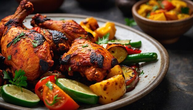 写真 タンドーリチキン (tandoori chicken) の詳細なクローズアップビューは,口に水を流す柔らかさを捉えています.