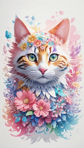 Фото Детальная иллюстрация красочного кота фэнтези цветы брызгают