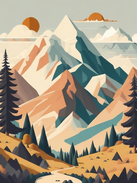 写真 フラットなデザインの山の風景の詳細なイラスト