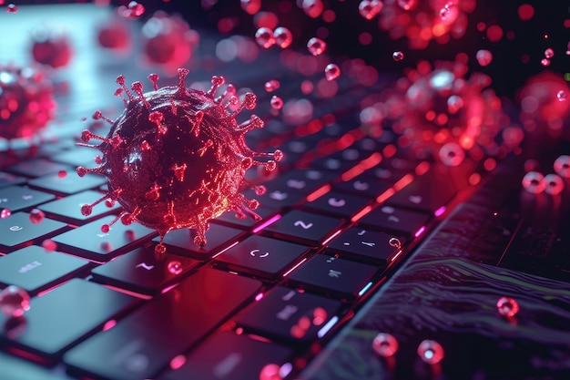 Фото Детальный вид компьютерной клавиатуры с ярко-красным веществом, пролитым на нее концептуальное изображение компьютерного вируса, атакующего систему