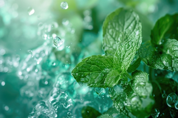 사진 물방울로 장식된 초록색 식물이 가까이에서 보여지는 상세한 시각 멘트 맛의 추상적인 표현 ai 생성