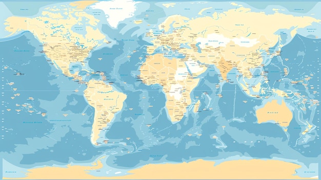 Фото Детальная карта мира в светло-синих и бежевых цветах карта показывает континенты страны и крупные города