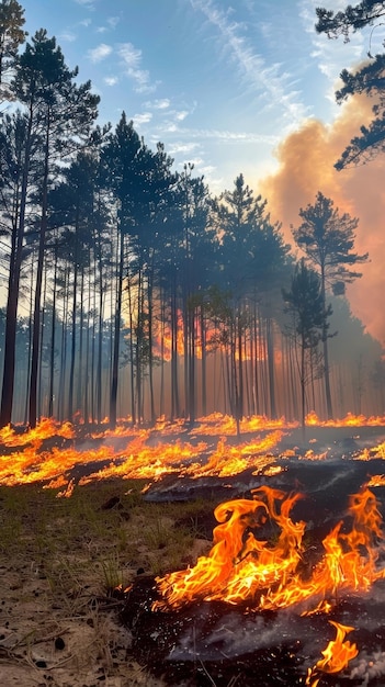 Фото Разрушительный лесной пожар, бушующий в пустыне, пожирает деревья и растительность, суровое напоминание о разрушительной силе природы.