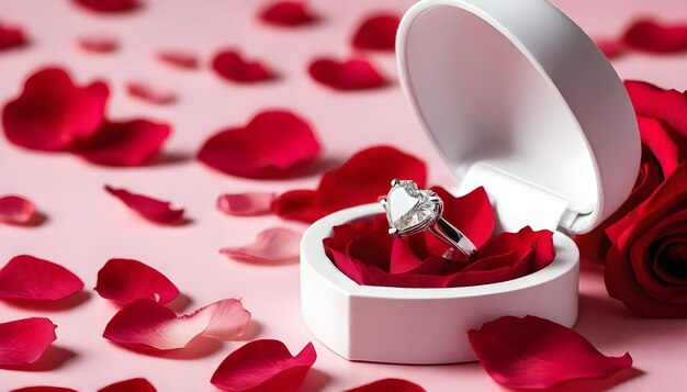 Фото Алмазное кольцо в белом ящике с лепестками и алмазным кольцом посередине
