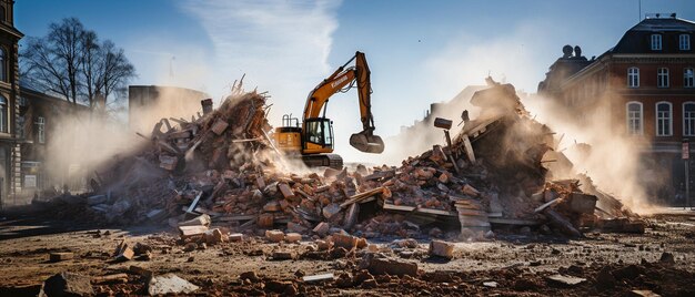 写真 歴史 的 な レンガ の 建物 を 取り壊す 掘削 機