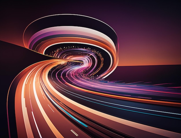 Фото Цифровое искусство шоссе со светлыми дорожками на нем.