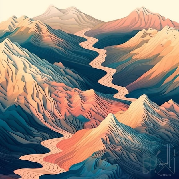 Фото Цифровая художественная печать горного пейзажа с рекой посередине.