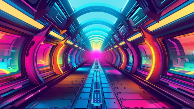 Фото Цифровая иллюстрация футуристического коридора, купающегося в ярких неоновых огнях с перспективой