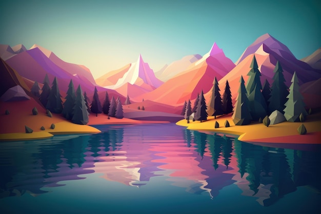 Фото Цифровая иллюстрация горного озера с горой и деревьями.