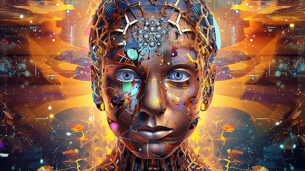 사진 얼굴과 로봇이라는 단어가 있는 인간 머리의 디지털 페인팅.