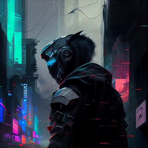 Цифровая картина человека в маске, смотрящего на городскую улицу. | Премиум  Фото