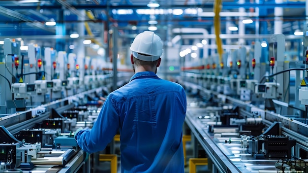 Фото Упорный работник, контролирующий процветающую высокотехнологичную производственную линию с скоординированными машинами и процессами