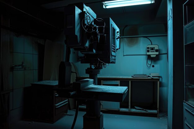 Фото Тускло освещенная комната с столом и часами на стене старомодная рентгеновская машина в темной комнате