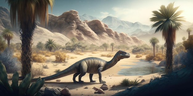 사진 긴 목을 가진 공룡이 사막 풍경에 서 있습니다.