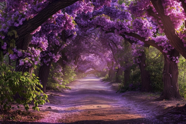 写真 砂道は美しい紫色の花で飾られた樹木の活気のある風景を通り抜け夏の公園でライラックの花で満たされた木の小道