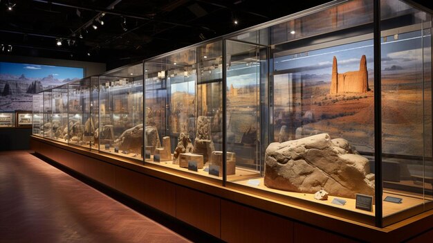 Фото Выставка древних артефактов с городом на заднем плане