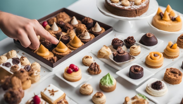 写真 a display of pastries including a tray of desserts