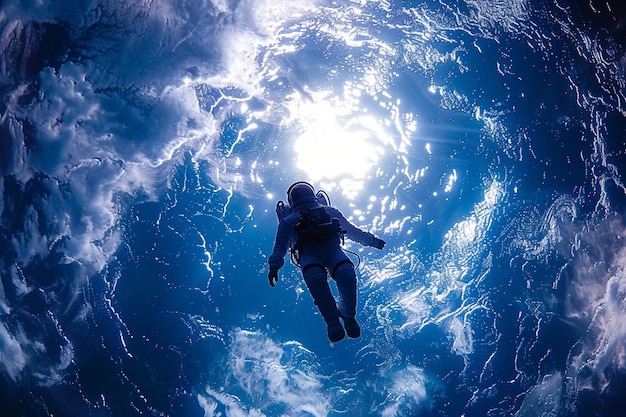 写真 a diver in a scuba suit in the water with the sun shining on the water