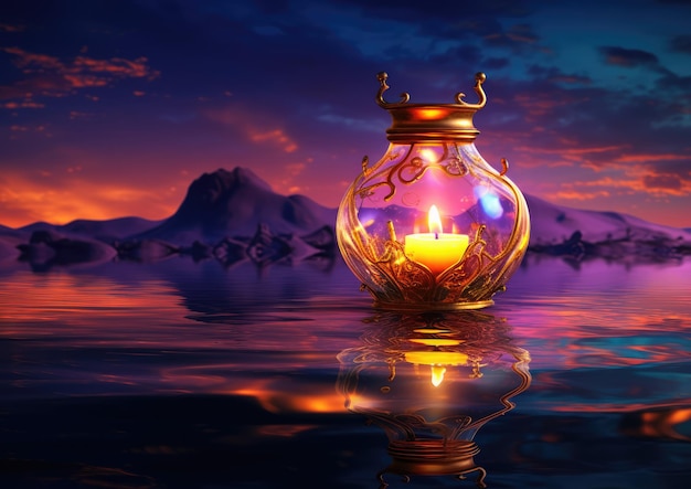 Фото Масляная лампа дивали, запечатленная в сюрреалистическом пейзаже с плавающими лампами и сказочными цветами.