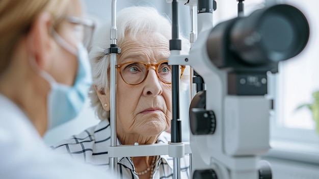 Foto a doctor checks an elderly womans eyesight