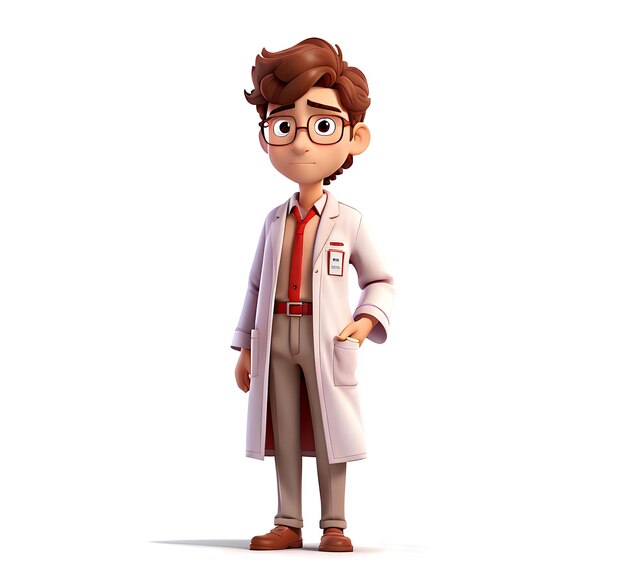 사진 안경을 쓴 의사는 색 배경에 고립된 3d 만화 스타일로 서 있습니다.