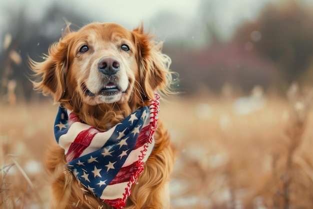 写真 アメリカ合衆国大統領選挙中に公園で首にスカーフをかぶった犬