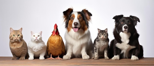 Фото Собака и кошка смотрят на курицу и курицу