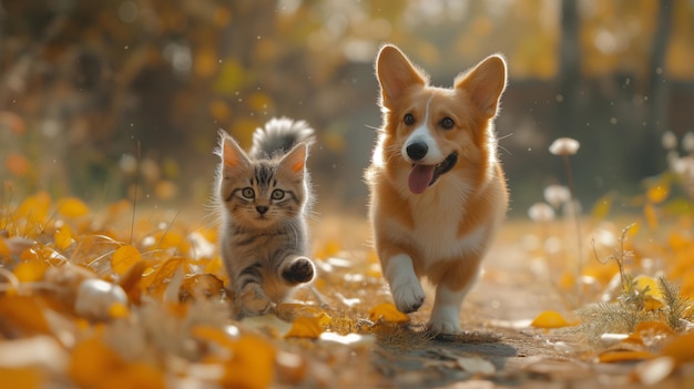 Фото Собака и кошка бегут в лесу