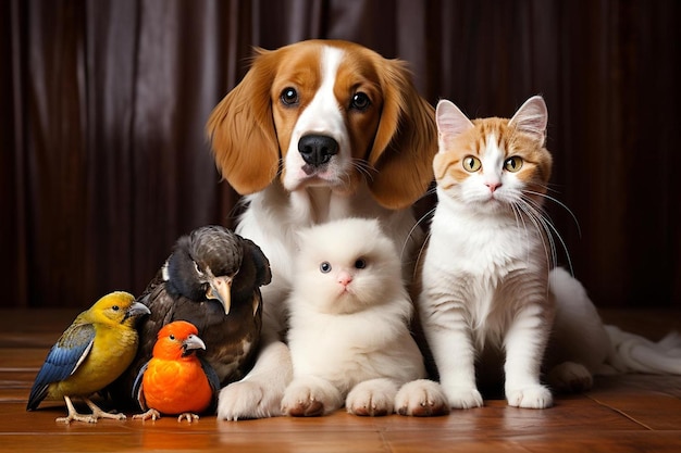 Фото Собака и кошка сидят рядом с кошкой и птицей