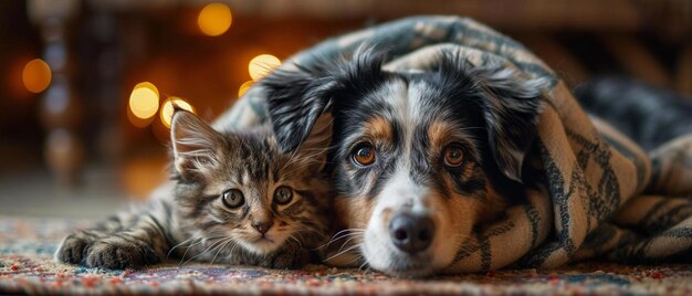 Фото Собака и кошка лежат под одеялом
