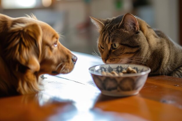 Фото Собака и два котенка едят из миски