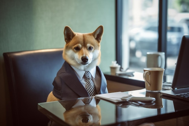 写真 オフィスの設定の真ん中にスーツとネクタイを着たエグゼクティブとして服を着た犬