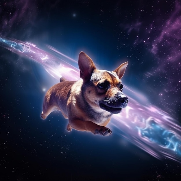 写真 星雲を背景に宇宙を飛ぶ犬。