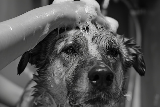 사진 욕조에서 목욕하는 개 애완동물 보살 위생 및 청결 개념에 적합합니다.