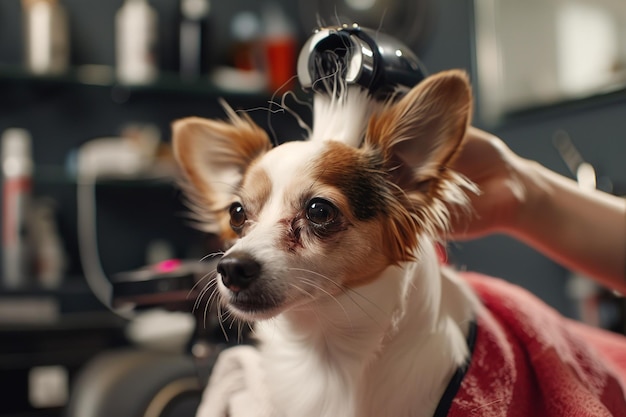 写真 ヘッドフォンをかけた犬が整えられている