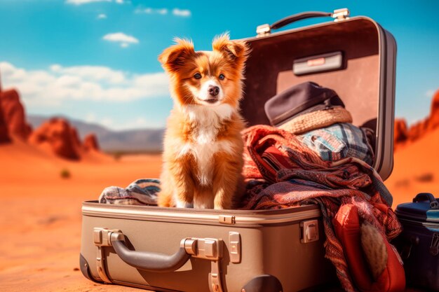 사진 여행가방 안에 있는 개 petfriendly travel 컨셉의 ai 생성