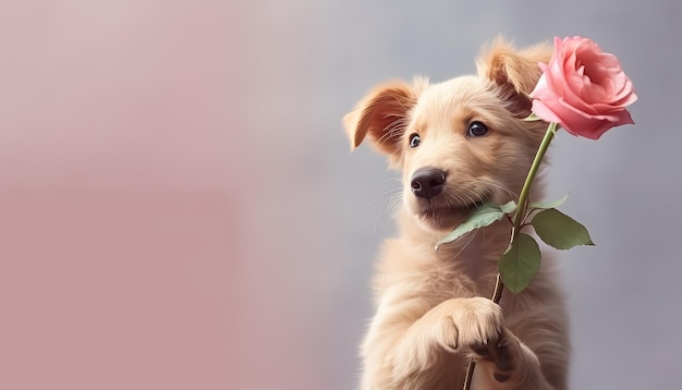 写真 犬が口にバラをんでいます