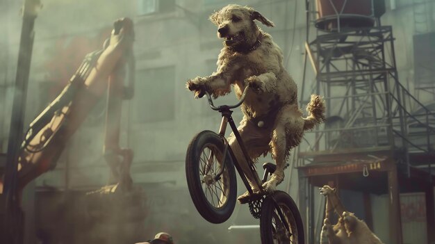 写真 犬が都市部で自転車に乗っている犬はヘルメットをかぶっており顔に決定的な表情をしている